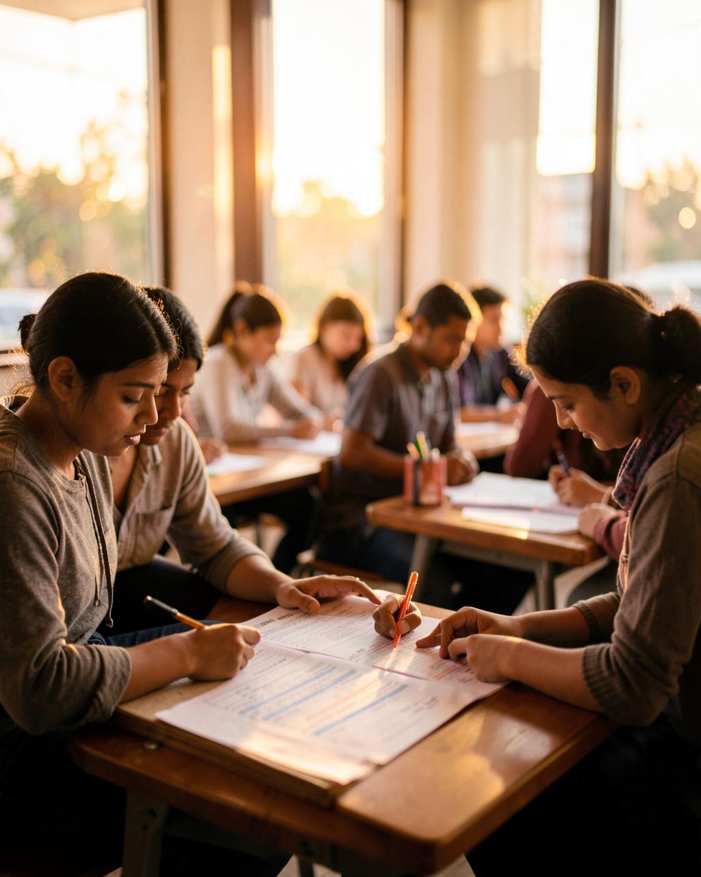 Students studying for their English exam in warm evening light at The City Language Academy